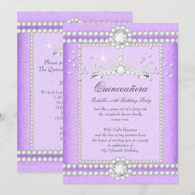 Invitation Quinceanera Party Joli Lilac Coeur Diamond Tiara (Devant / Derrière)