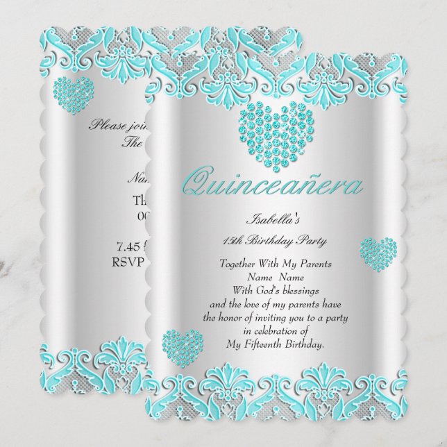 Invitation Quinceanera Party Joli Turquoise Blue Hearts dente (Devant / Derrière)