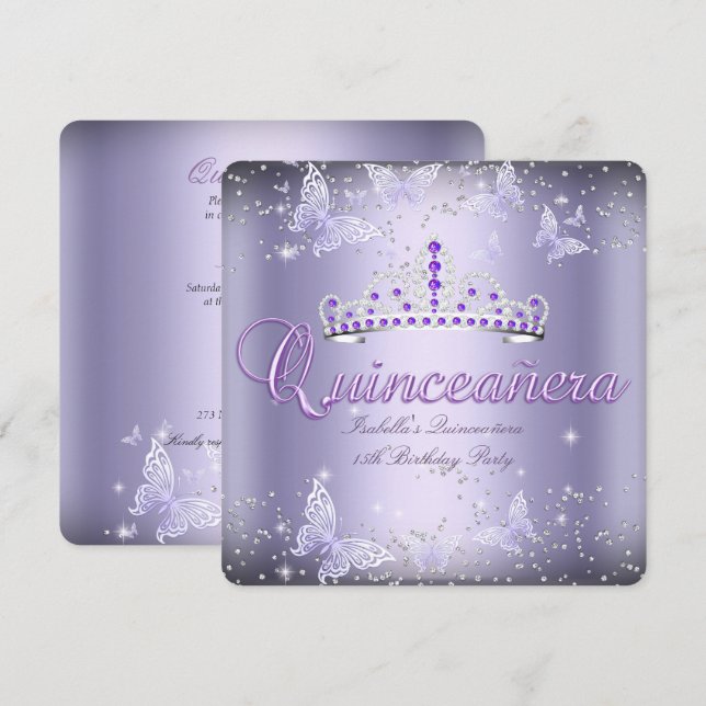 Invitation Quinceanera Party Purple Tiara Butterfly 2 (Devant / Derrière)