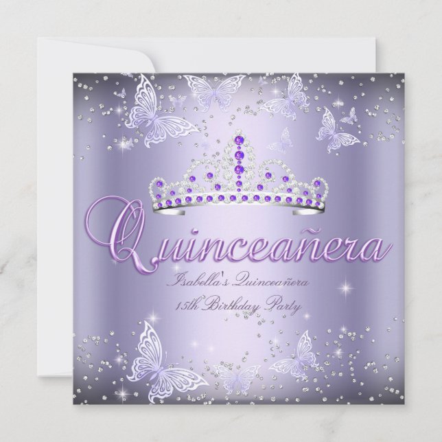 Invitation Quinceanera Party Purple Tiara Butterfly 2 (Devant)