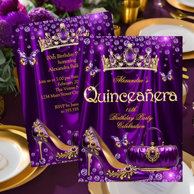 Invitation Quinceanera party Purple Tiara High heel gold (Créateur téléchargé)
