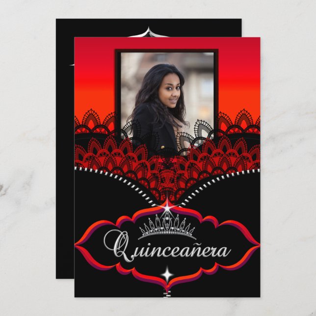 Invitation Quinceanera Party Red Black Lace Girl Photo (Devant / Derrière)