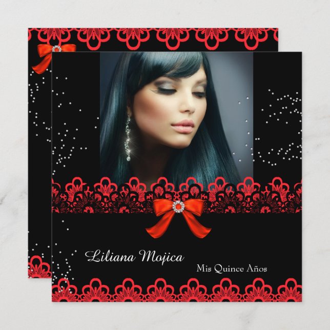 Invitation Quinceanera Party Red Lace Jewel Bow 2 (Devant / Derrière)