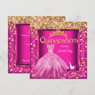 Invitation Quinceañera Party Robe rose chaude talons hauts Or
