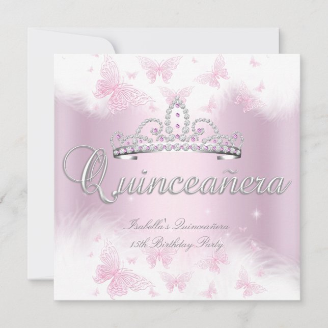 Invitation Quinceanera Party rose blanc papillon Tiara (Devant)