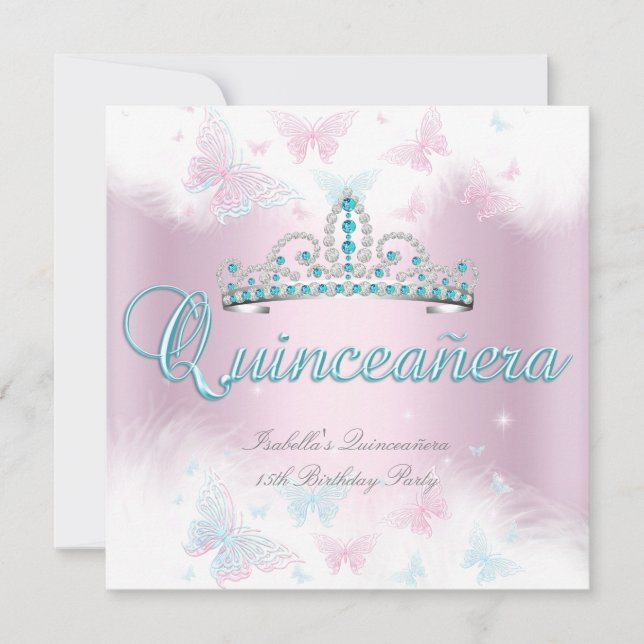 Invitation Quinceanera Party rose Turquoise Tiara Butterfly 2 (Devant)