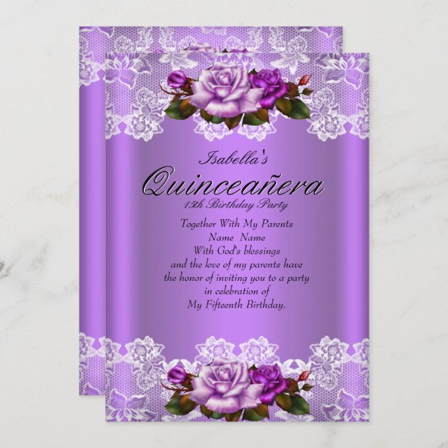 Invitation Quinceanera Party Rose violet Roses Blanches (Devant / Derrière)