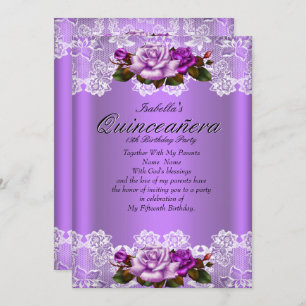 Invitation Quinceanera Party Rose violet Roses Blanches