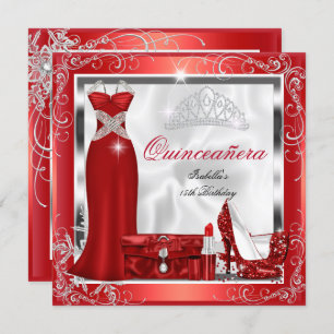 Invitation Quinceanera Party Rouge Robe Argent talons S5