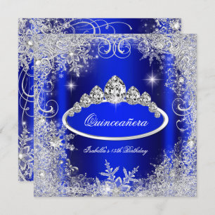 Invitation Quinceanera Party Royal Blue Silver Snowflakes