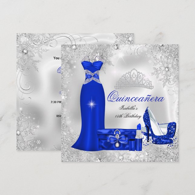 Invitation Quinceanera Party Royal Blue Silver Snowflakes S (Devant / Derrière)