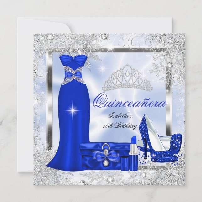 Invitation Quinceanera Party Royal Blue Silver Snowflakes S3 (Devant)