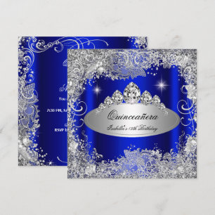 Invitation Quinceanera Party Royal Blue Silver Tiara