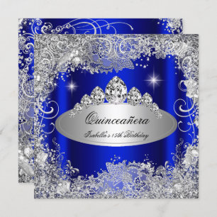 Invitation Quinceanera Party Royal Blue Silver Tiara