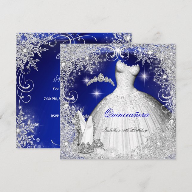 Invitation Quinceanera Party Royal Blue Winter Snowflakes (Devant / Derrière)