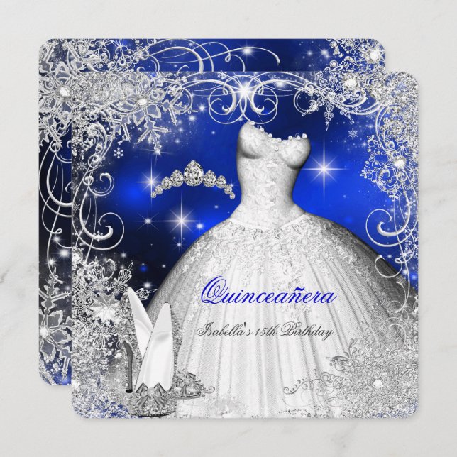 Invitation Quinceanera Party Royal Blue Winter Wonderland (Devant / Derrière)