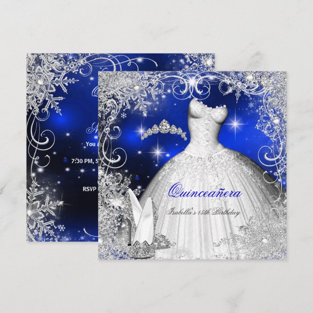 Invitation Quinceanera Party Royal Blue Winter Wonderland (Devant / Derrière)