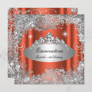Invitation Quinceanera Party Rusty Orange Silver Tiara