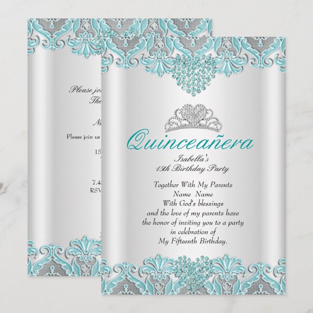 Invitation Quinceanera Party Turquoise Blue Hearts dentelle T (Devant / Derrière)
