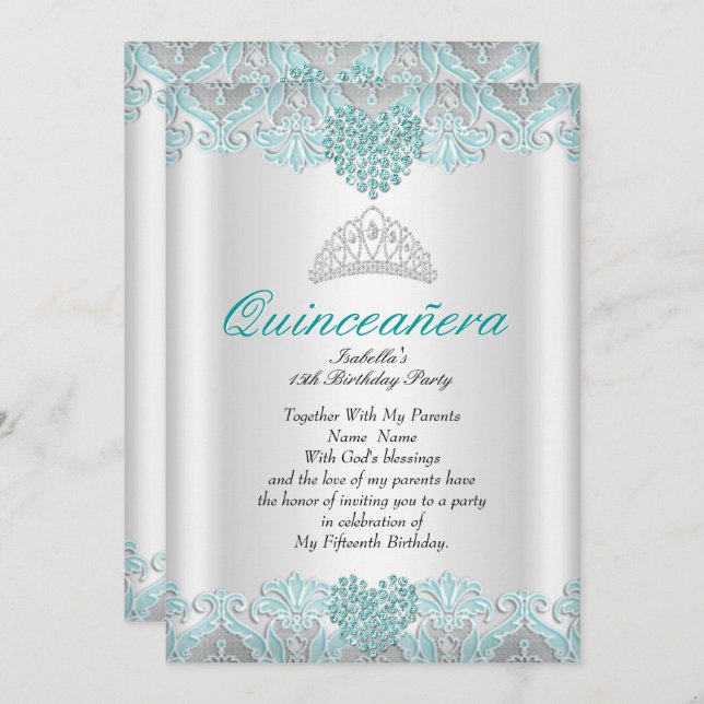 Invitation Quinceanera Party Turquoise Blue Hearts Lace Tiara (Devant / Derrière)