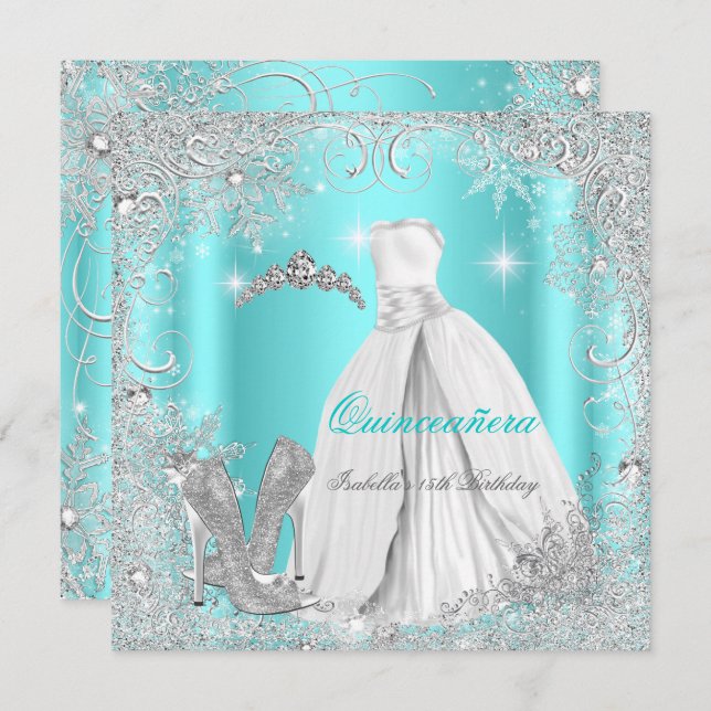 Invitation Quinceanera Party Turquoise Blue Silver Snowflakes (Devant / Derrière)
