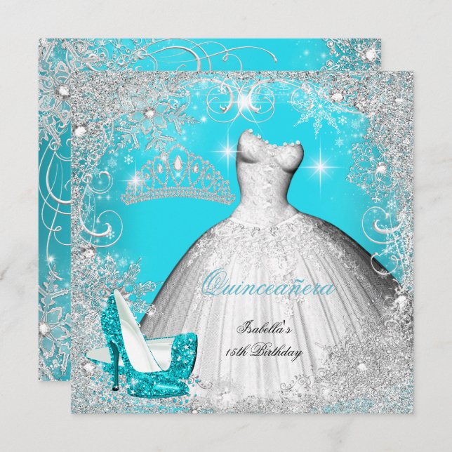 Invitation Quinceanera Party Turquoise Blue Silver Snowflakes (Devant / Derrière)