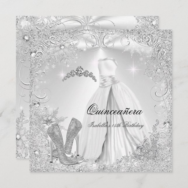Invitation Quinceanera Party White Silver Winter Snowflakes 2 (Devant / Derrière)