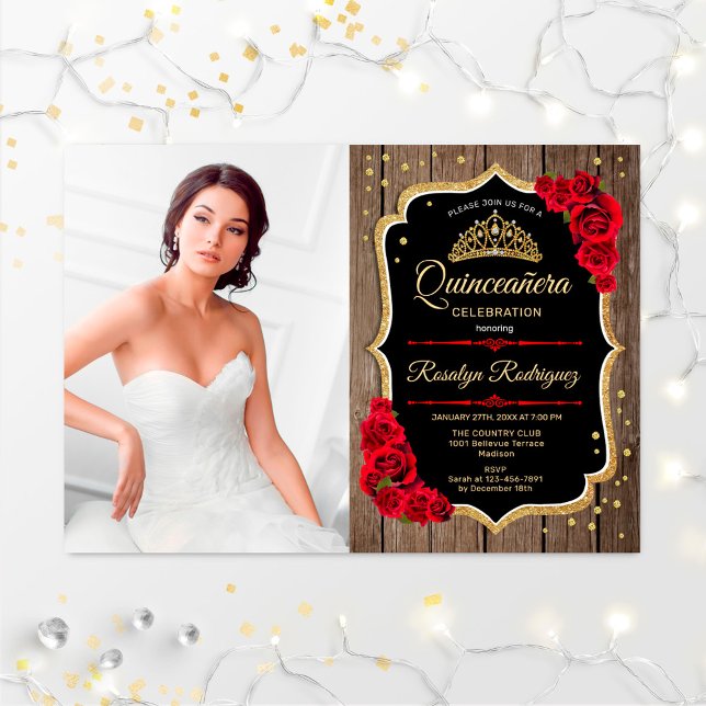 Invitation Quinceanera Party With Photo - Rustic Wood Red (Créateur téléchargé)