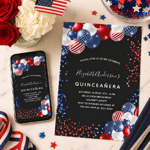 Invitation Quinceanera patriotique noir rouge bleu blanc ball