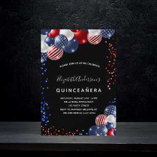 Invitation Quinceanera patriotique noir rouge bleu blanc ball