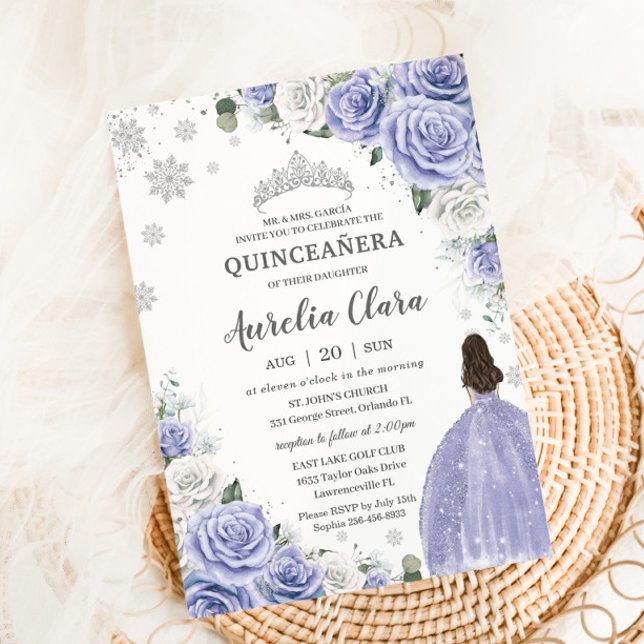 Invitation Quinceañera Périwinkle violet blanc Floral hiver (Créateur téléchargé)