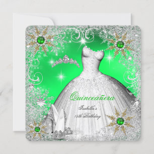 Invitation Quinceanera Perle Lime Argent Flocons de Neige Hiv