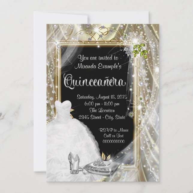 Invitation Quinceañera Perle Noir et Or (Devant)