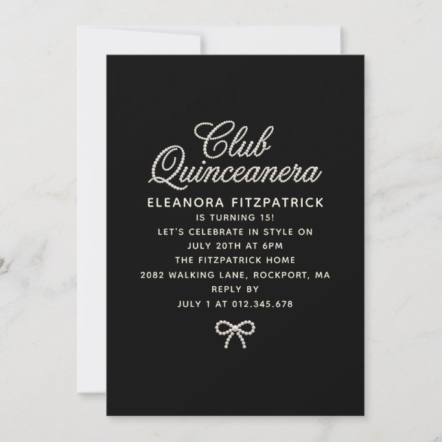 Invitation Quinceanera Perle Noire et Blanche Écriture Ruban (Devant)
