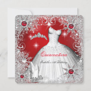 Invitation Quinceanera Perle Rouge Argent Flocons de Neige d'