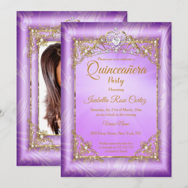 Invitation Quinceanera Perle violette photo Gold Tiara parti (Devant / Derrière)