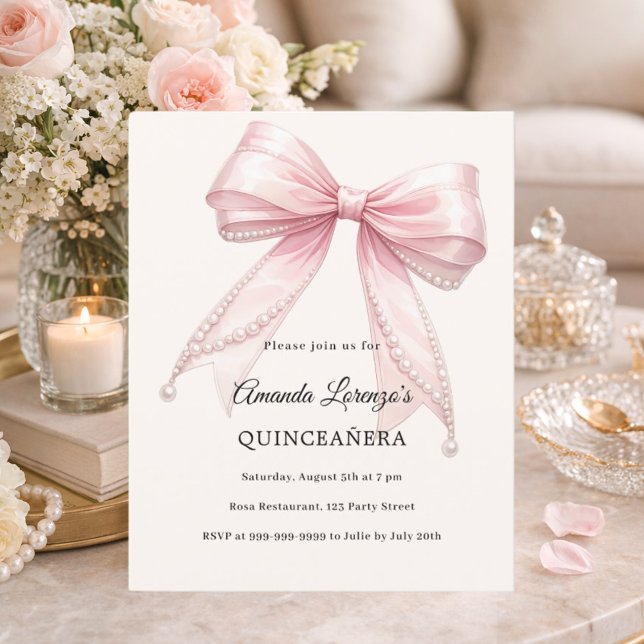 Invitation Quinceanera perles ivoire ruban rose (Créateur téléchargé)