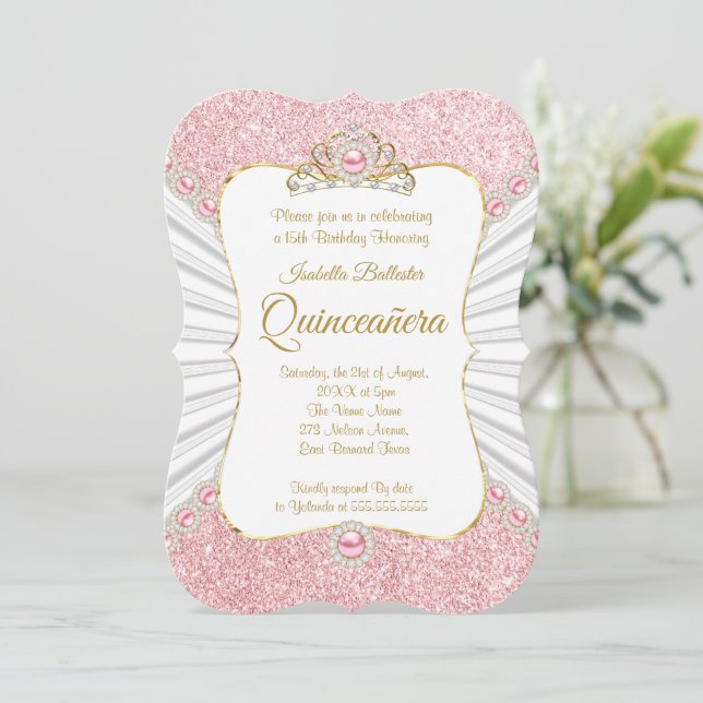 Invitation Quinceanera Perles roses dorées Couronne d'anniver (Debout devant)