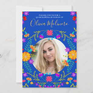 Invitation Quinceanera Photo Fiesta mexicaine Floral Royal Bl