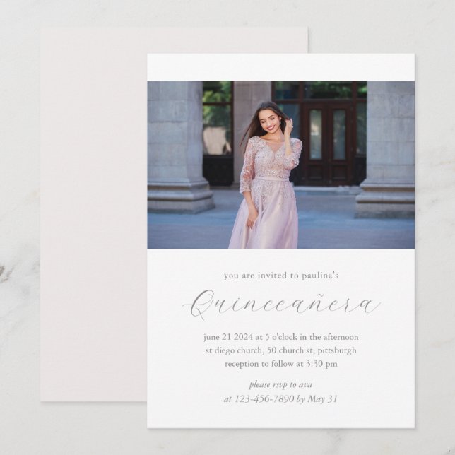 Invitation Quinceañera photo minimaliste et moderne rose pâle (Devant / Derrière)