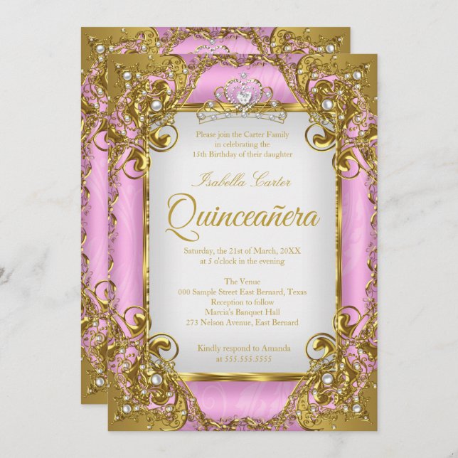 Invitation Quinceanera Photo rose blanc Golden Pearl Tiara (Devant / Derrière)