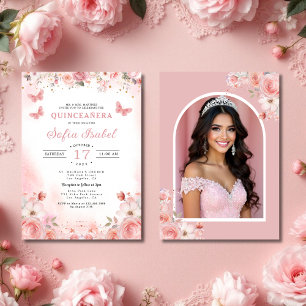 Invitation Quinceañera Photo Rose rose pâle Floral