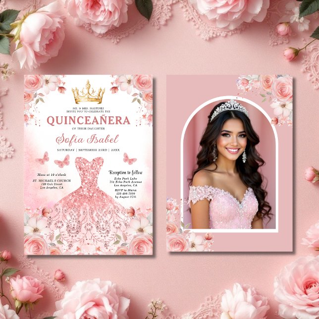 Invitation Quinceañera Photo Rose rose pâle Floral (Créateur téléchargé)