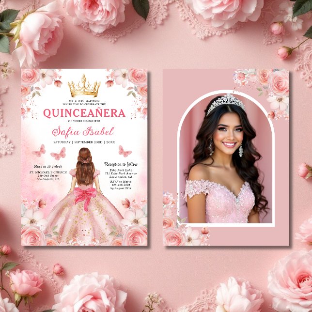 Invitation Quinceañera Photo Rose rose pâle Floral (Créateur téléchargé)