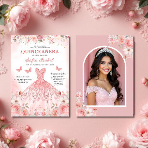 Invitation Quinceañera Photo Rose rose pâle Floral
