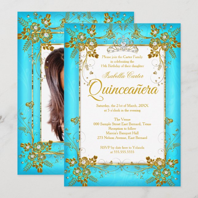 Invitation Quinceanera Photo Turquoise Blue Gold Diamond Tiar (Devant / Derrière)