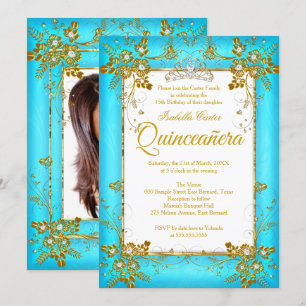 Invitation Quinceanera Photo Turquoise Blue Gold Diamond Tiar