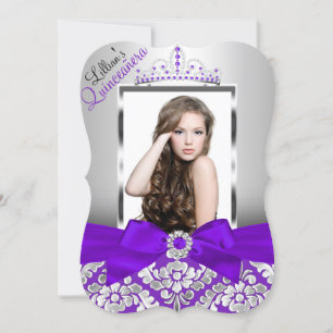 Invitation Quinceanera Photo Violet Argent Damassé & Tiare