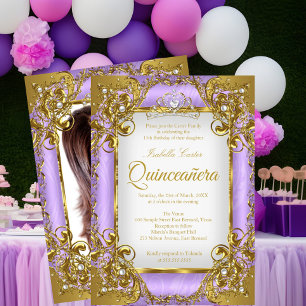 Invitation Quinceanera Photo violet blanc Golden Pearl Tiara