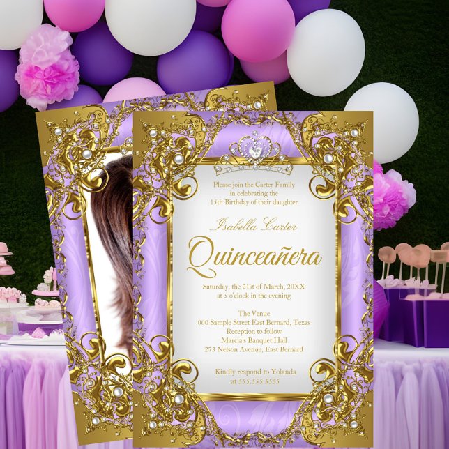 Invitation Quinceanera Photo violet blanc Golden Pearl Tiara (Créateur téléchargé)